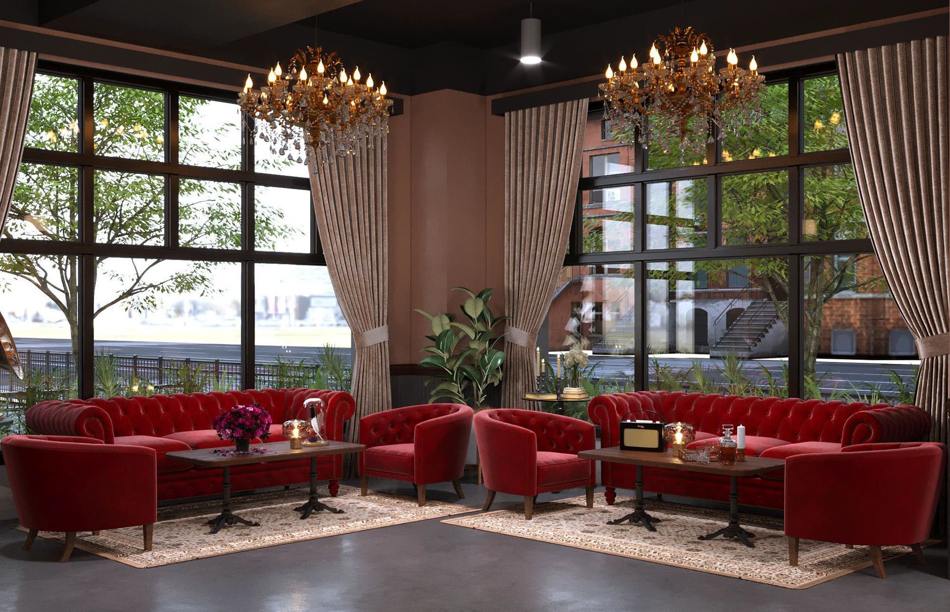 Elegant lounge area with red velvet seating, chandeliers, and large windows.