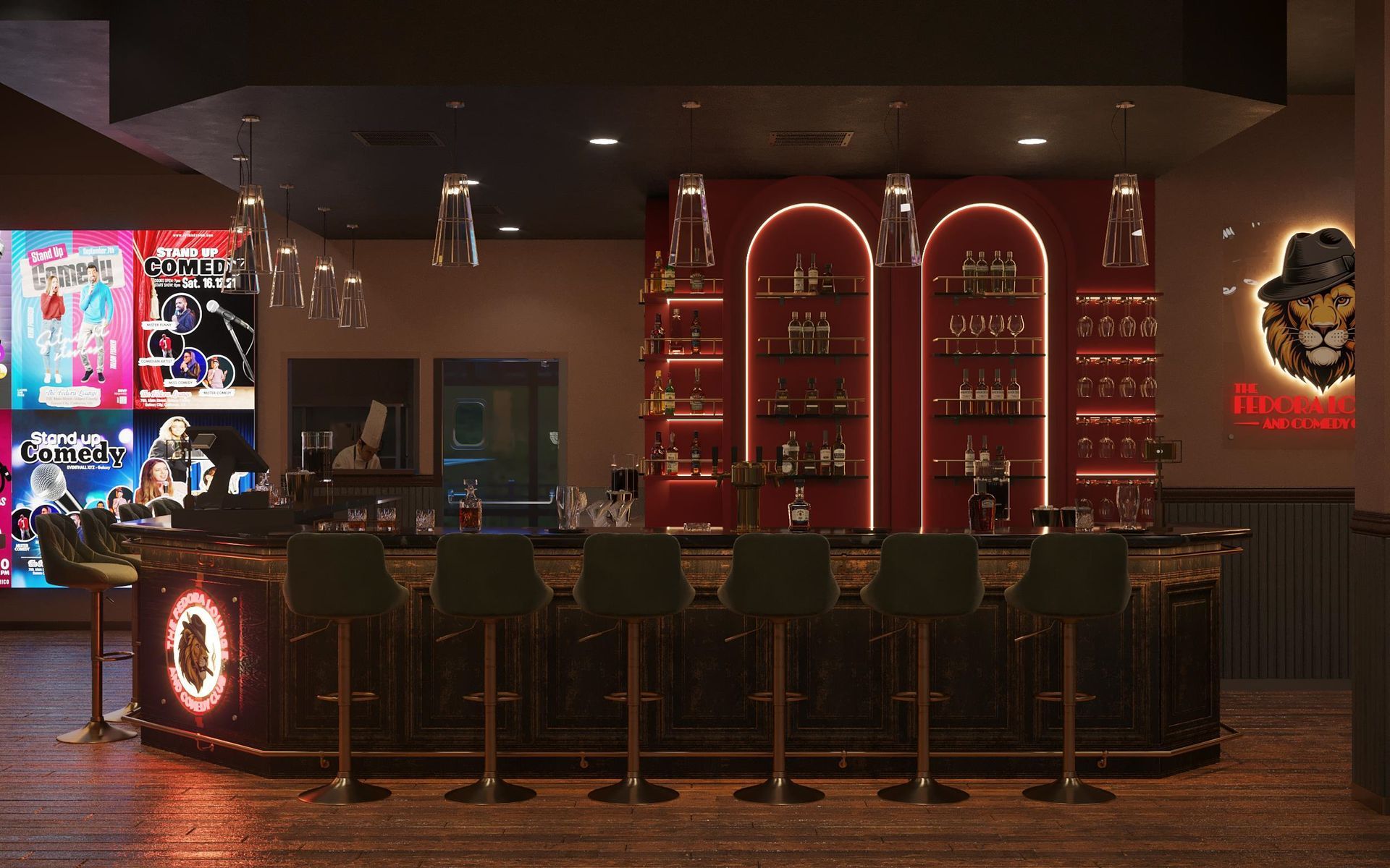 Bar interior with a dark red and gold color scheme, and bar stools.