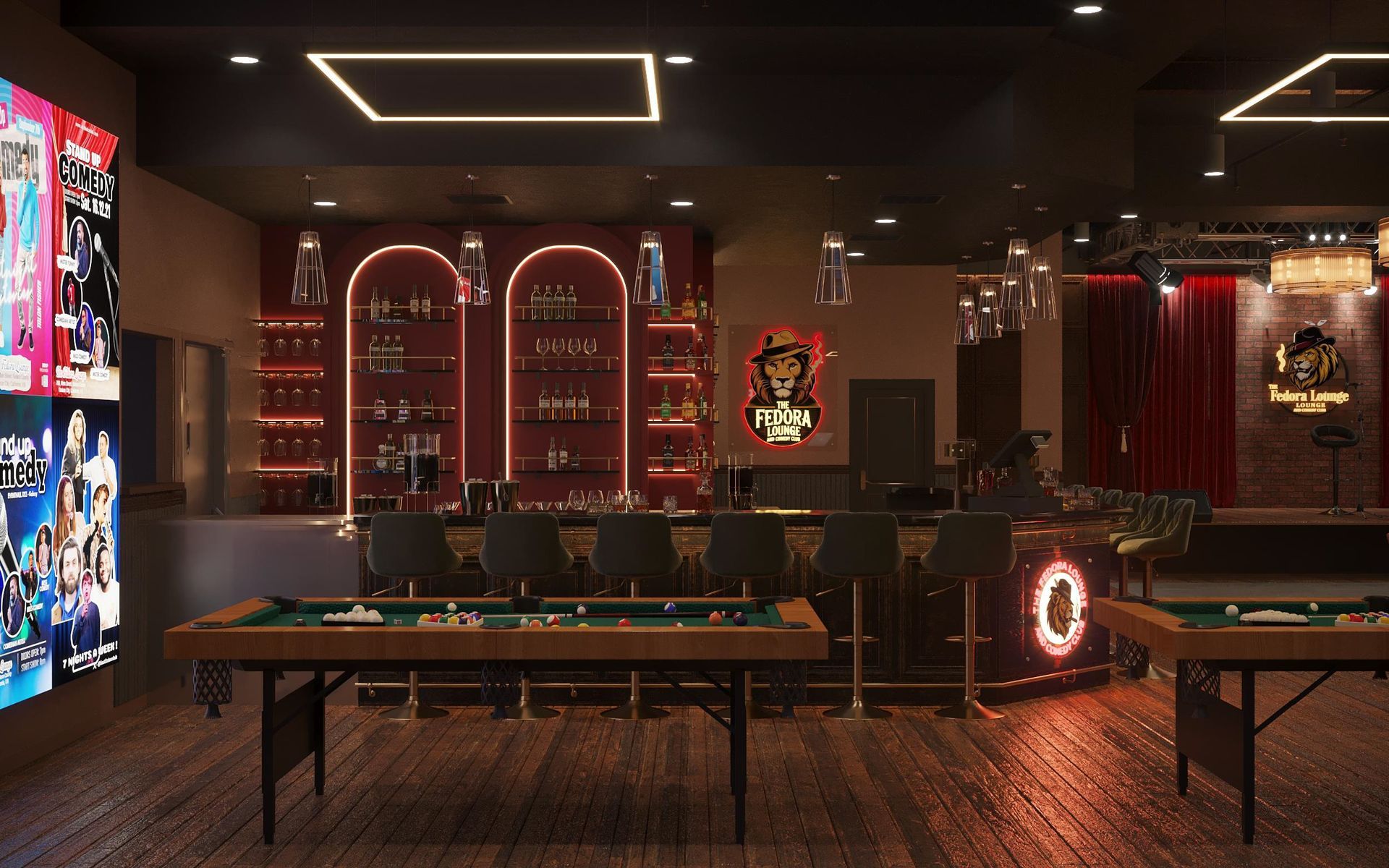 Interior bar with pool tables, bar stools, and red accents. Lit shelves display liquor bottles.