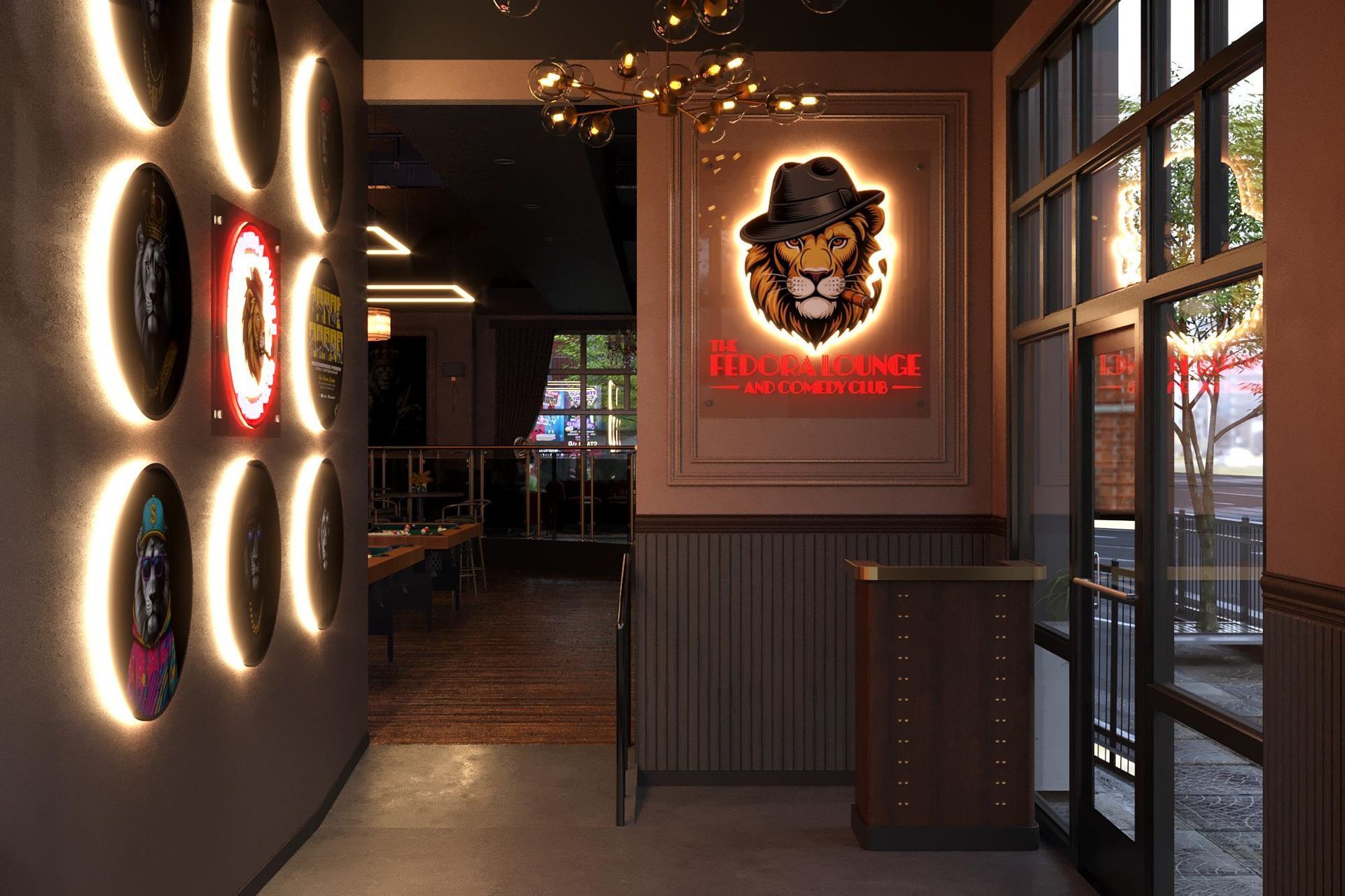 Restaurant entrance with a lion logo, illuminated wall decor, and a partially open door to an outdoor area.