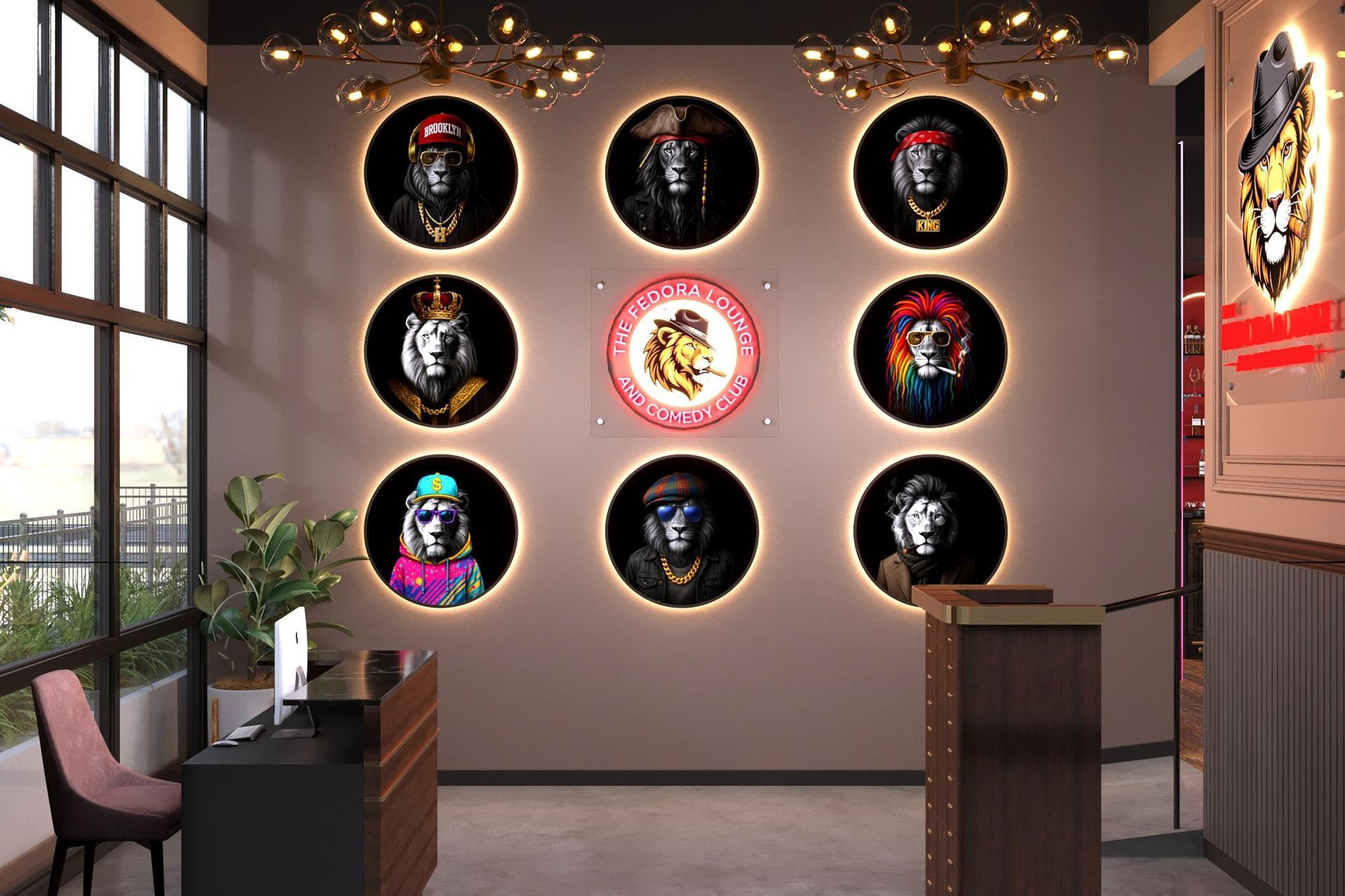 Restaurant interior with illuminated art portraits and logo on the wall, desk, chair, and large window.