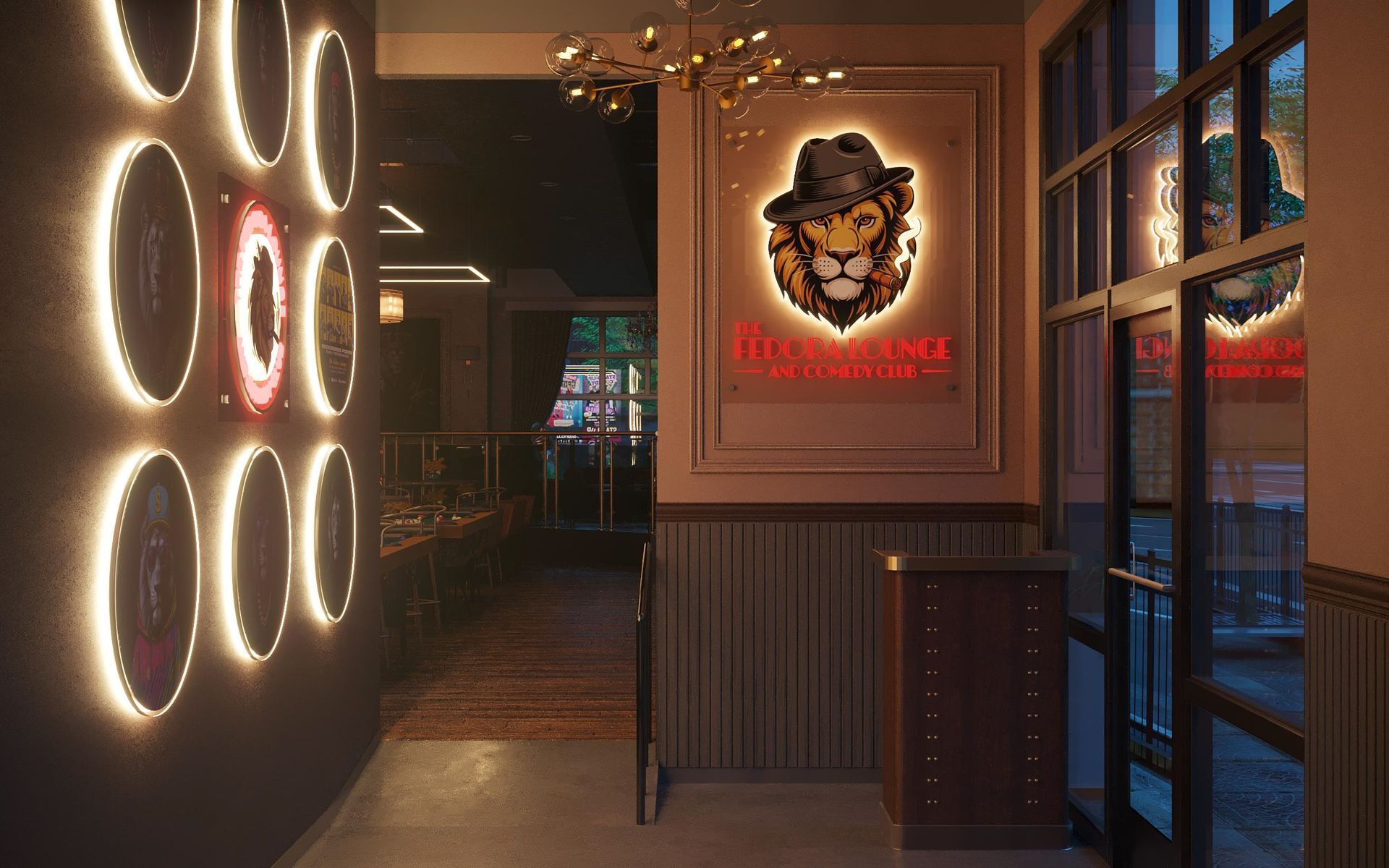 Entrance to a restaurant, with neon light wall decorations and a lit lion logo, dark wood and glass.