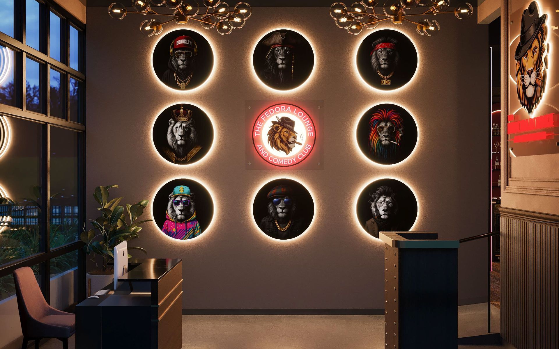 Reception area with portraits in glowing circles, centered by a logo.  Modern decor, a desk, and a window are visible.