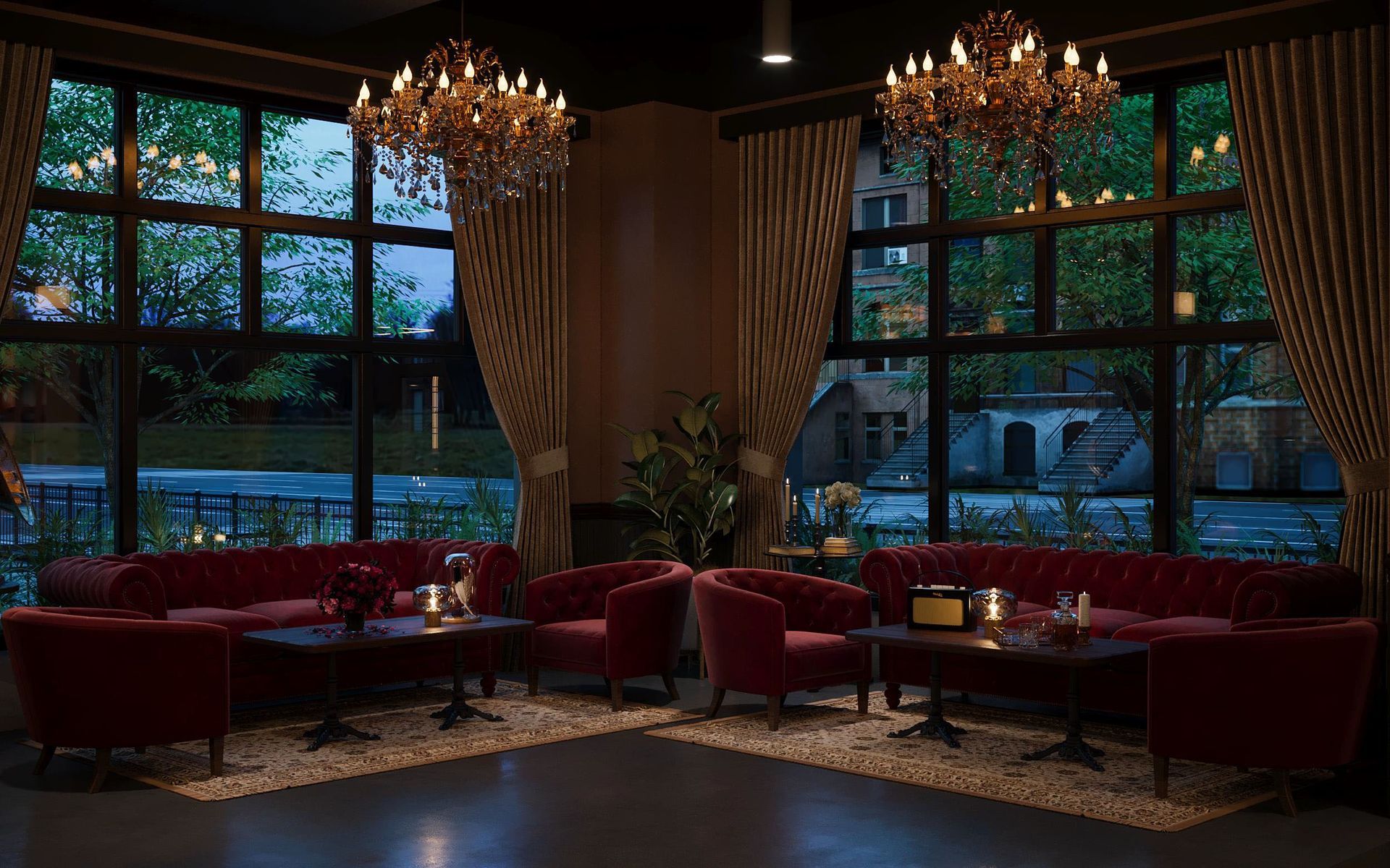 Elegant lounge with red velvet seating, chandeliers, and large windows overlooking a city scene at dusk.