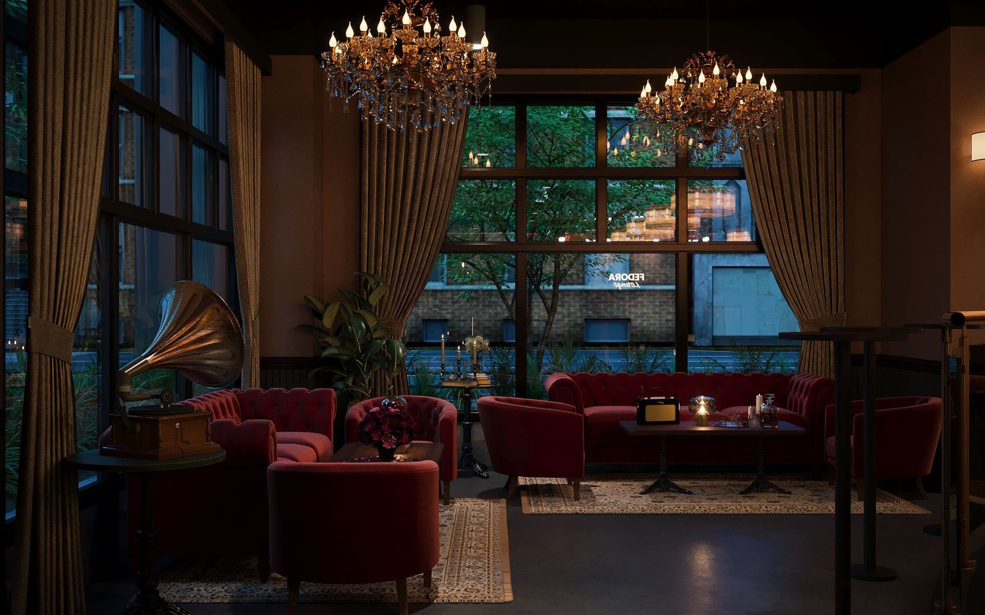 Elegant lounge with red velvet seating, crystal chandeliers, large window, and cityscape view.