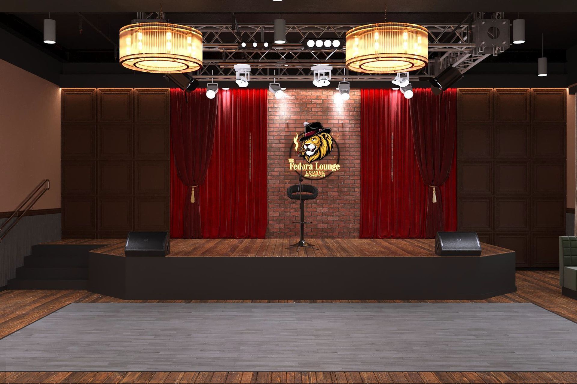 Stage in a lounge with red curtains, lighting, and a microphone stand; brown and grey tones.
