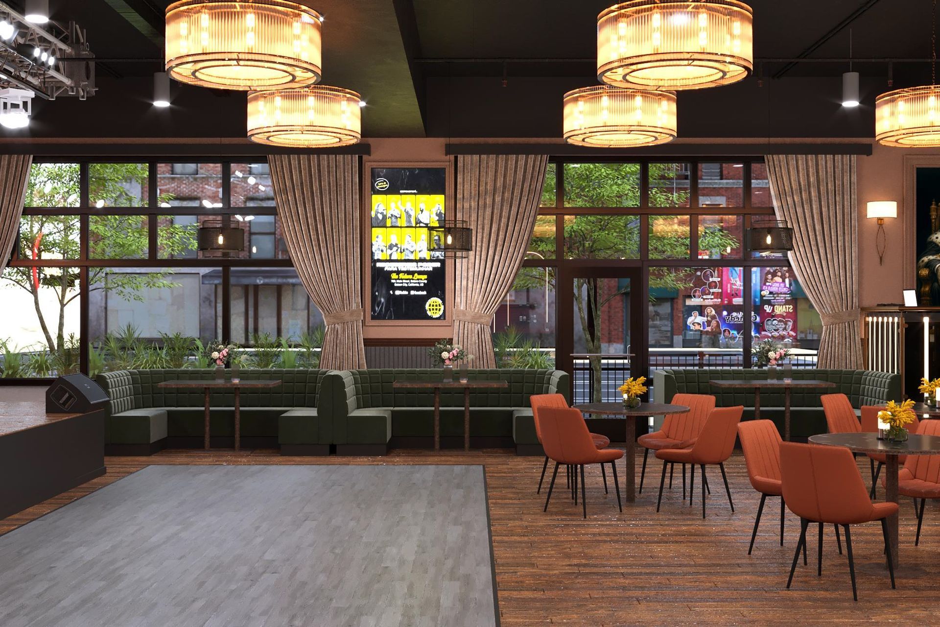 Restaurant interior: wooden floors, green booths, orange chairs, large windows, hanging lights.