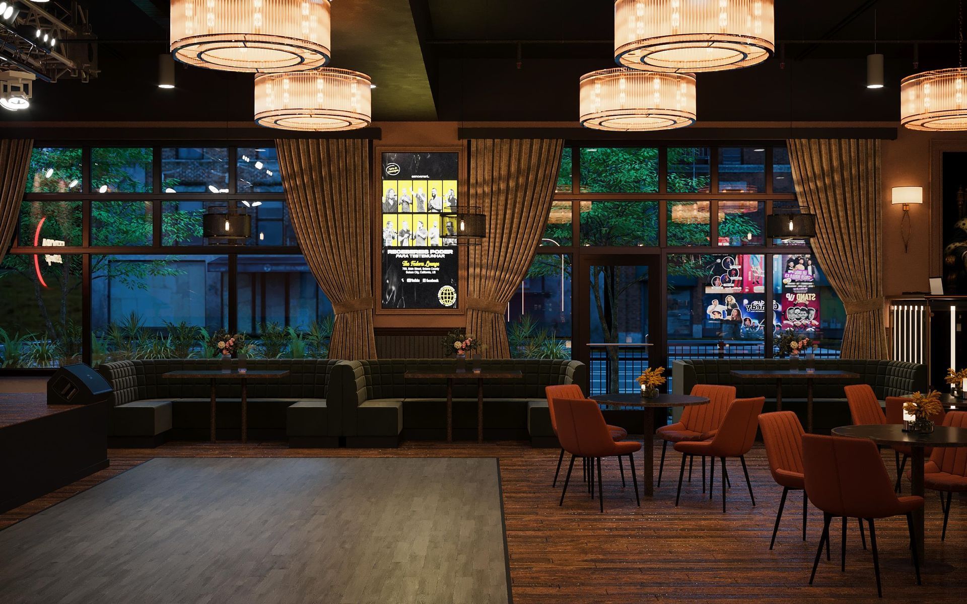 Interior of a dimly lit restaurant with tables, chairs, windows, and decorative lighting.