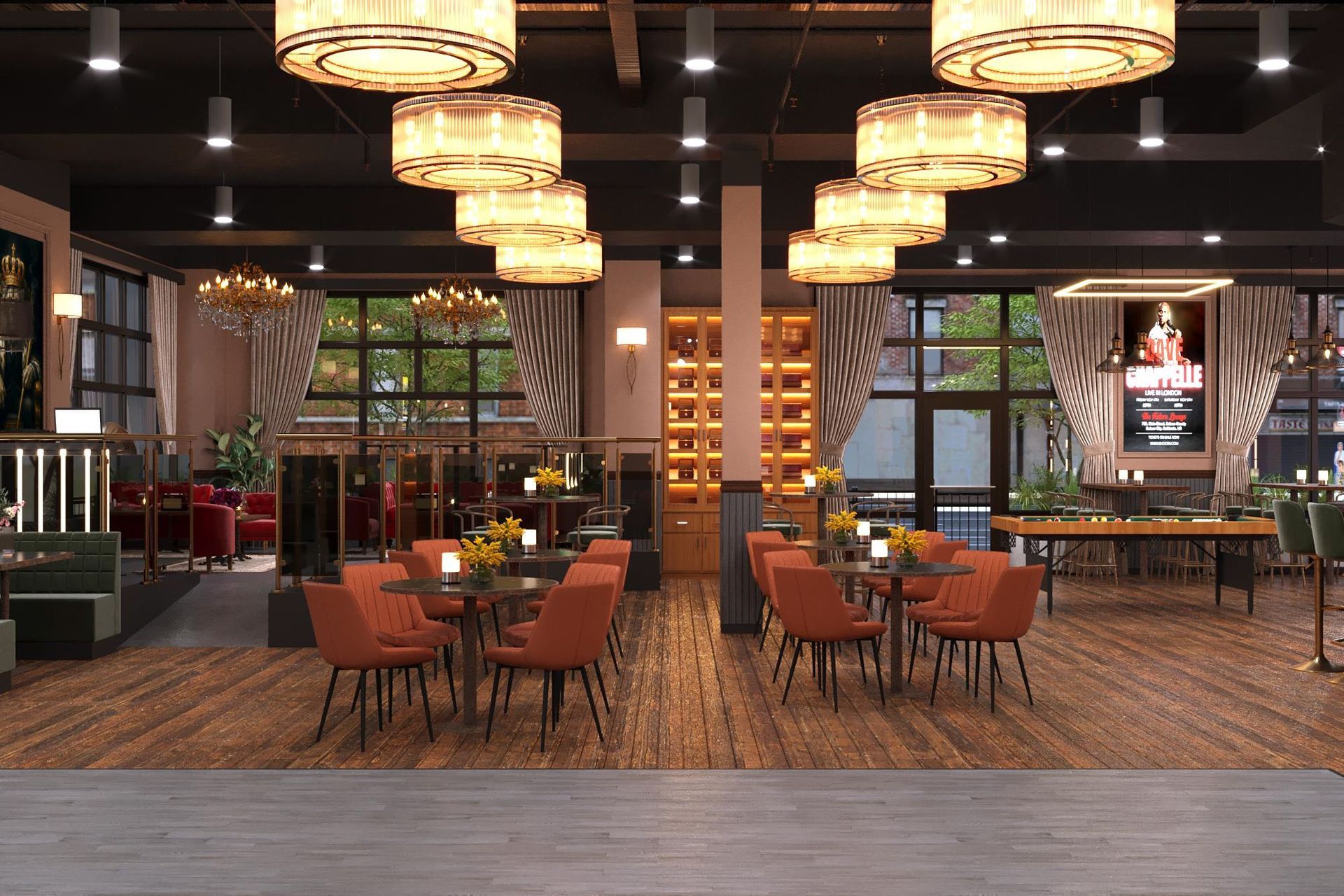Restaurant interior with tables, chairs, and ornate hanging lights.