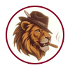 Lion with a brown fedora and cigar, inside a burgundy-lined circle.