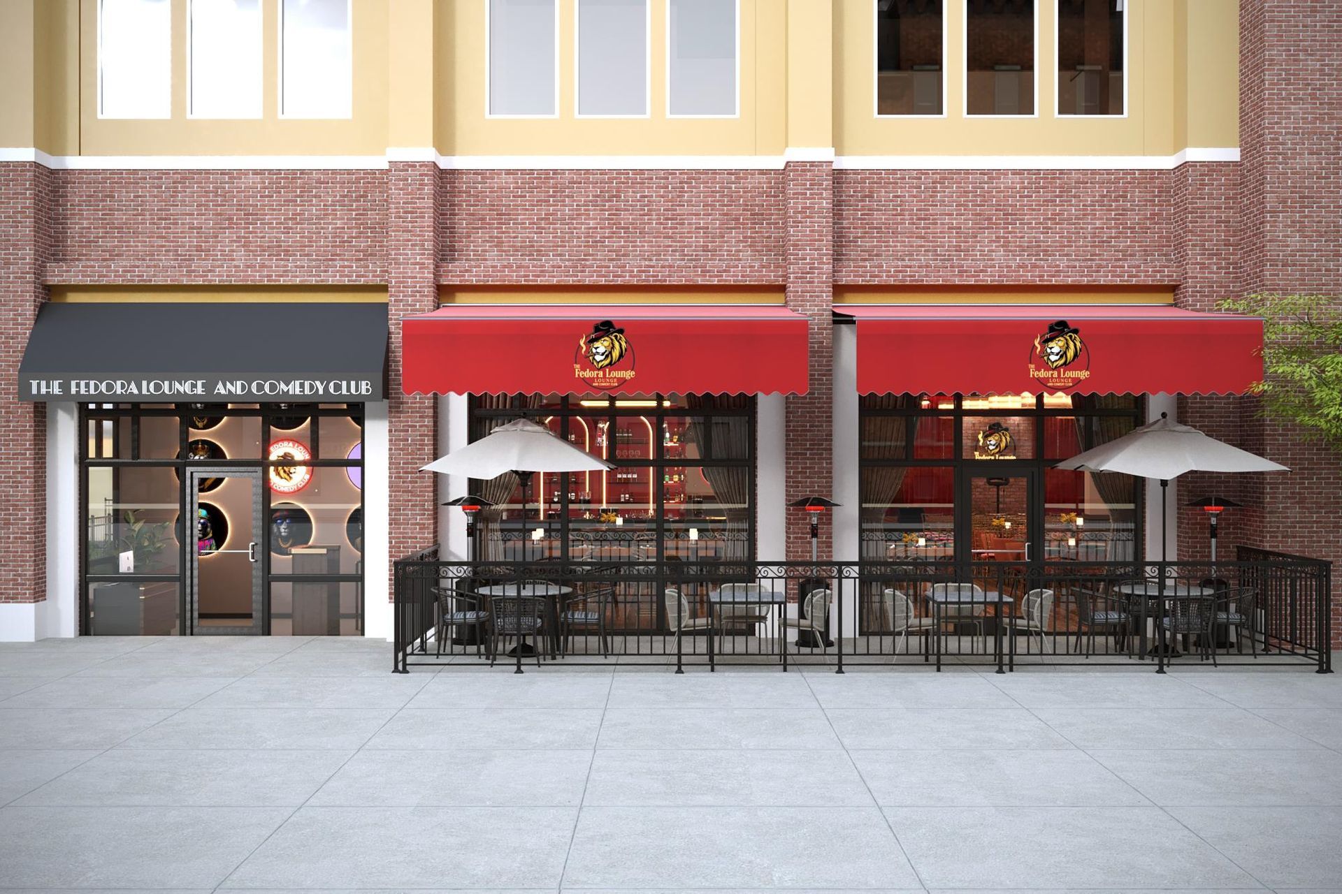 Restaurant exterior with red awnings, outdoor seating, brick and tan building facade.