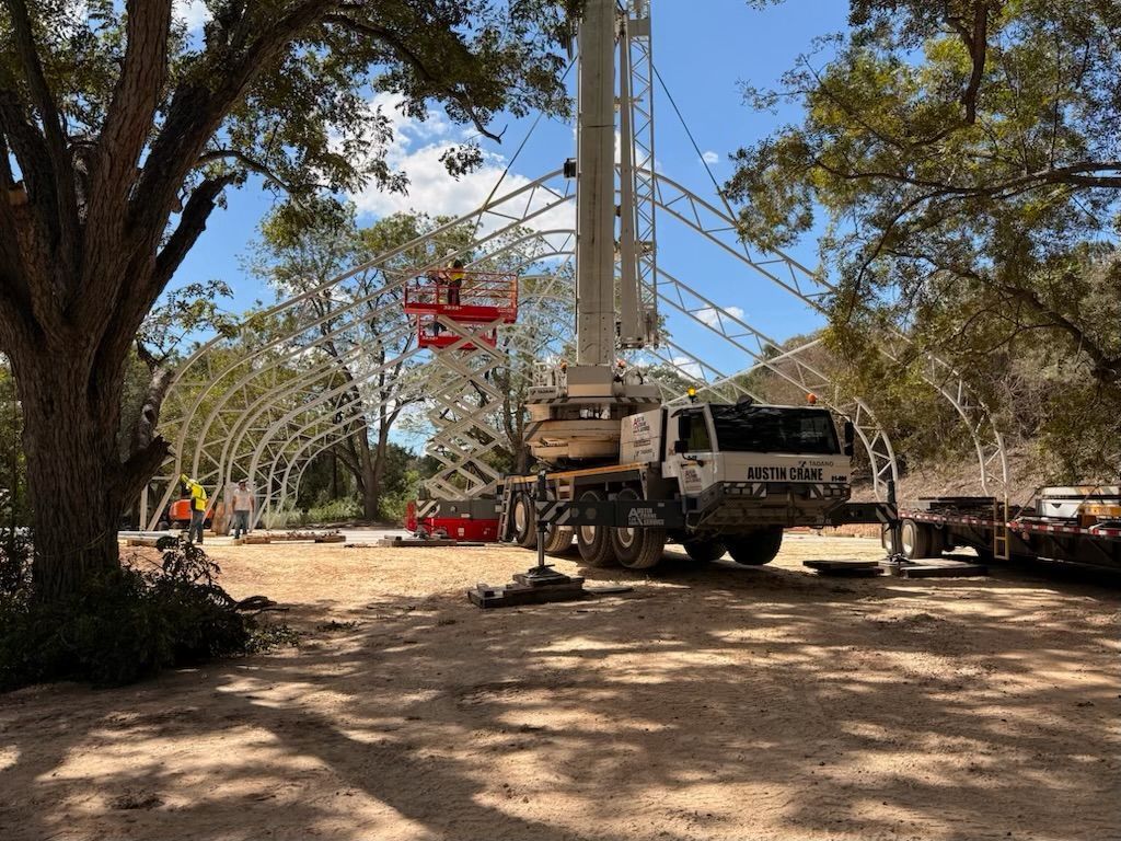 Tree trimming crew on a truck lift beside a large tree in a sandy park area