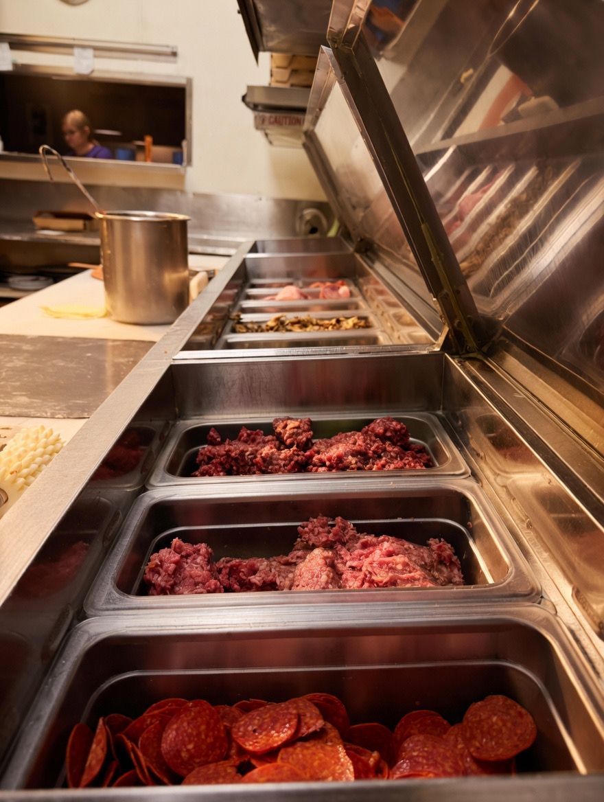 A stainless steel pizza topping prep station with containers of pepperoni and cooked meats in a professional kitchen.