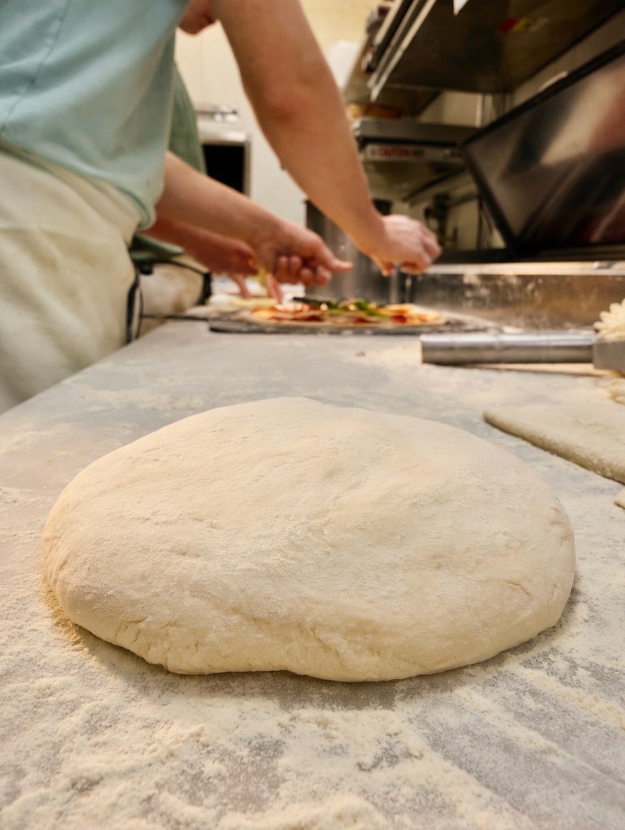 A close-up of a ball of raw pizza dough on a floured counter with a person preparing pizza in the blurred background.