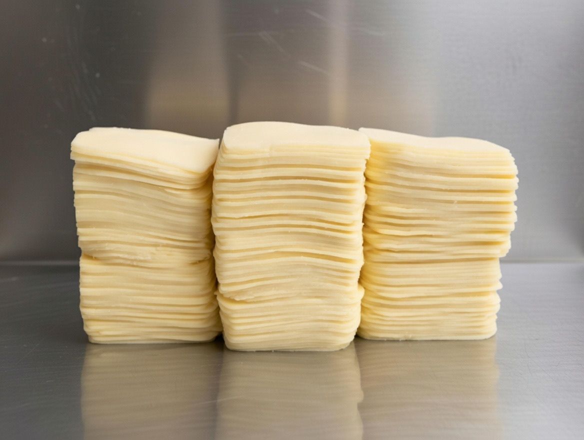 Three tall, uniform stacks of square, light-colored cheese slices arranged on a reflective, metallic surface.