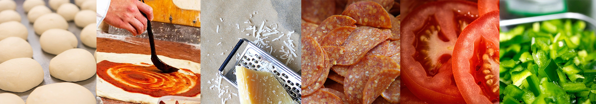 Bread dough, sauce application, cheese grating, fried chicken, tomato slices, and chopped green peppers.