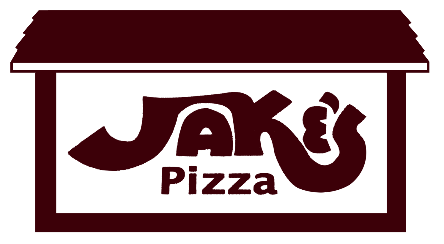 Jak's Pizza logo in maroon and white, shaped like a house.