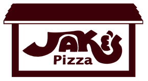 Jak's Pizza logo in maroon and white, shaped like a house.