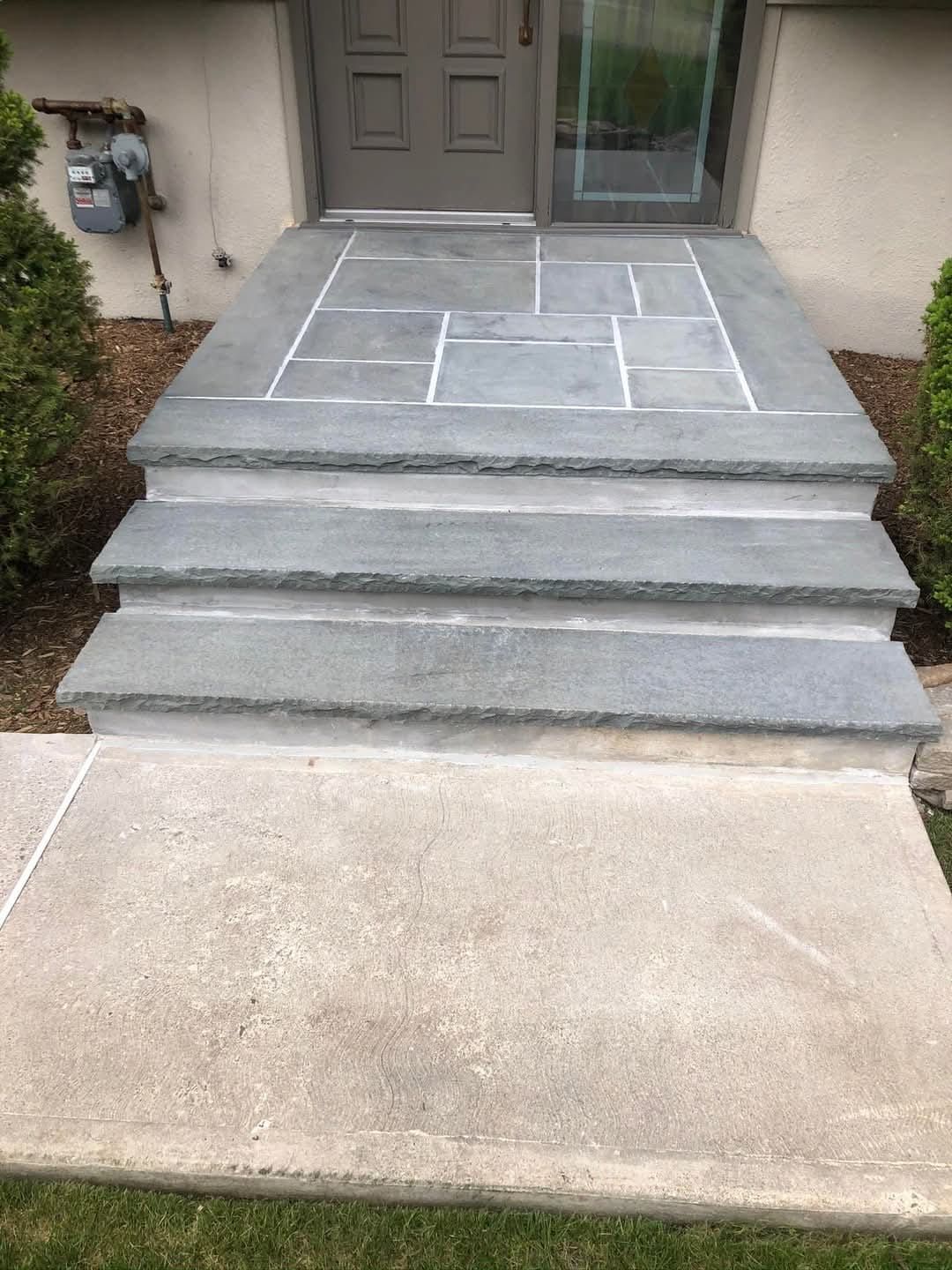 Gray stone steps leading to a front door with glass panel. Cement landing, bushes, and gas meter visible.