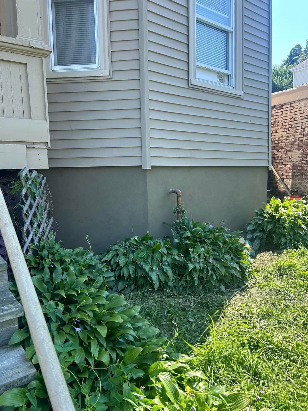 Exterior of a house with light brown siding, bushes, and a water spigot.