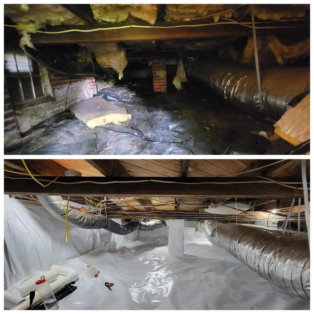 Before and after photos of a crawl space. The before shot shows debris, moisture, and exposed insulation. The after shot shows clean plastic lining and a dry environment.