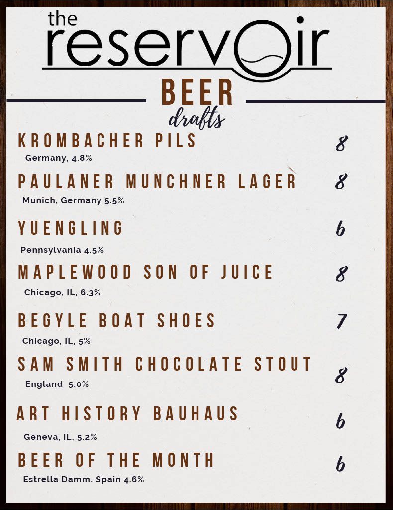 The Reservoir Menu page 3