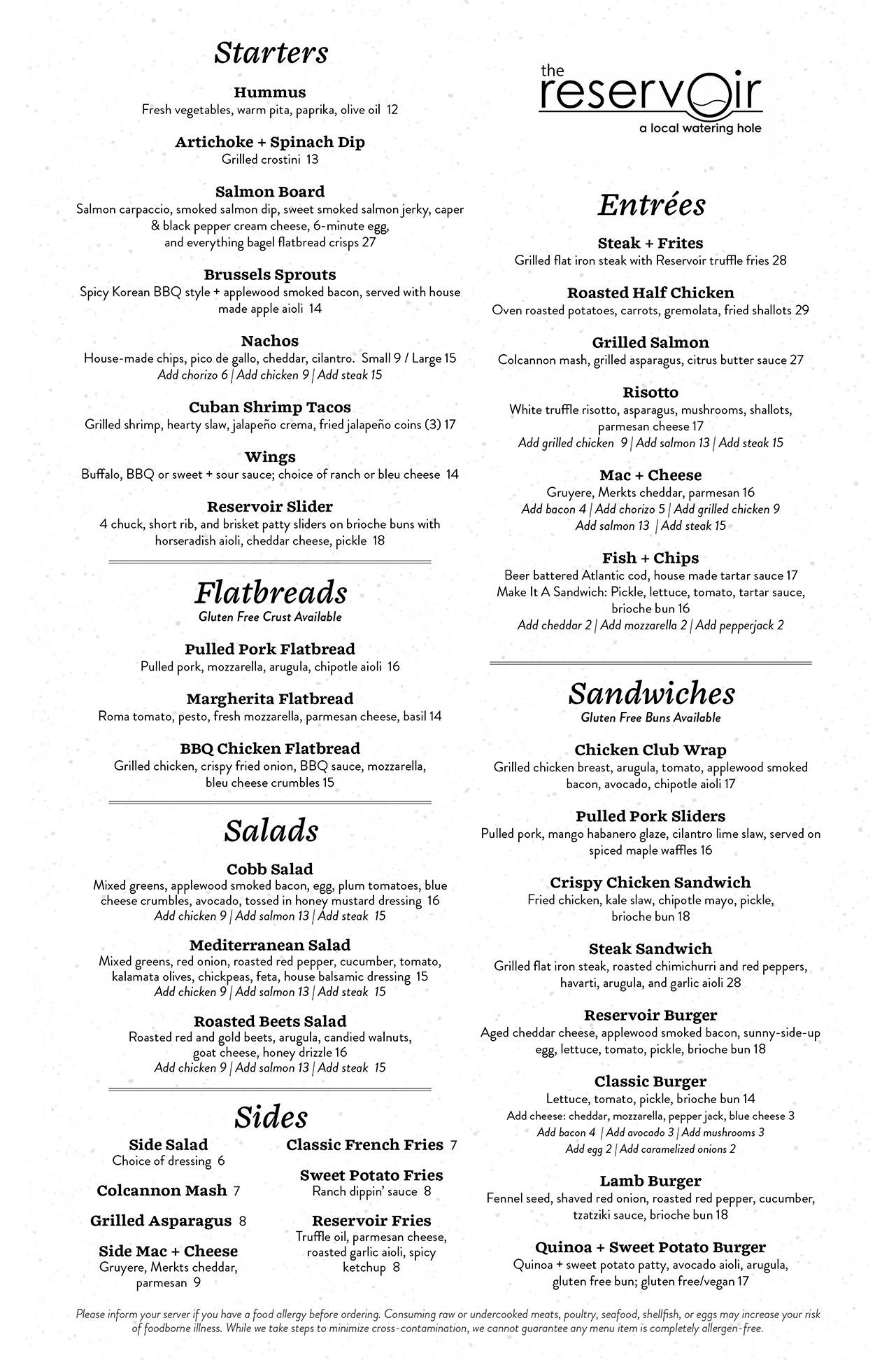 Restaurant menu with multiple sections and dishes listed in black text on a white background