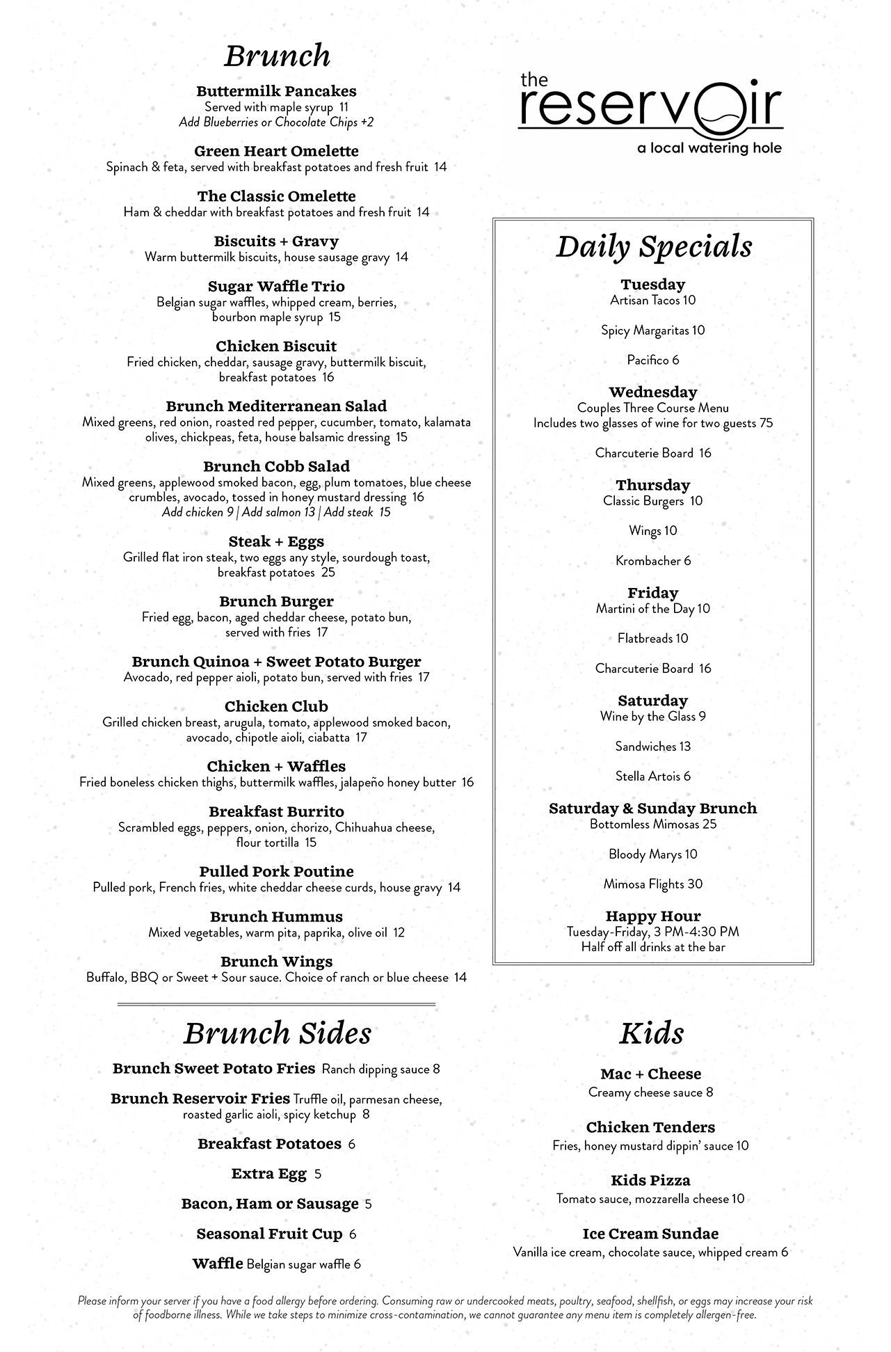 Restaurant menu with brunch, daily specials, brunch sides, and kids sections.