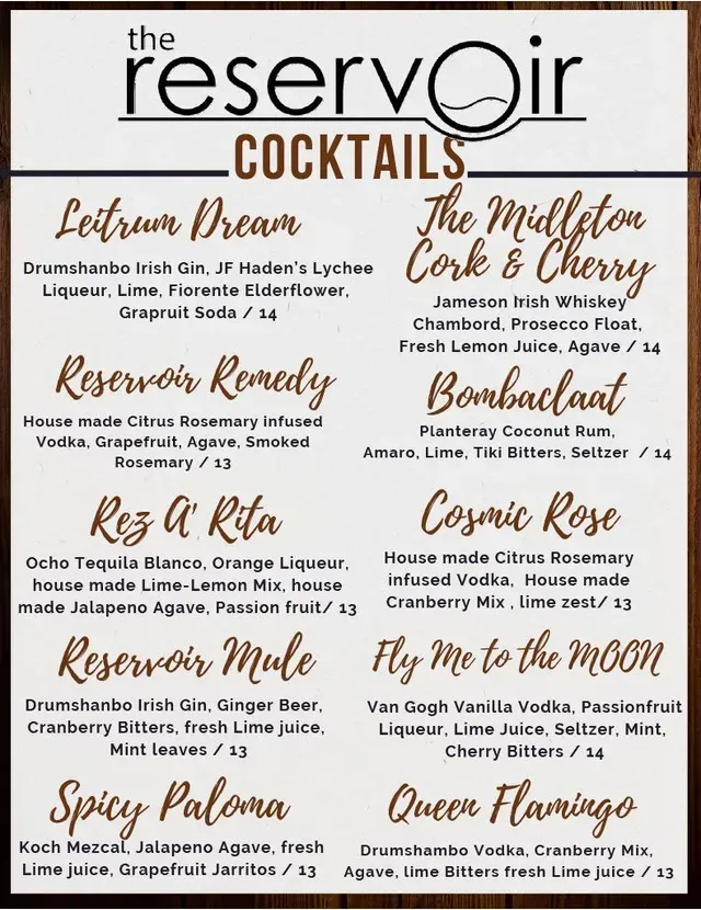 Cocktails menu from The Reservoir with handwritten drink names and ingredients on a cream background