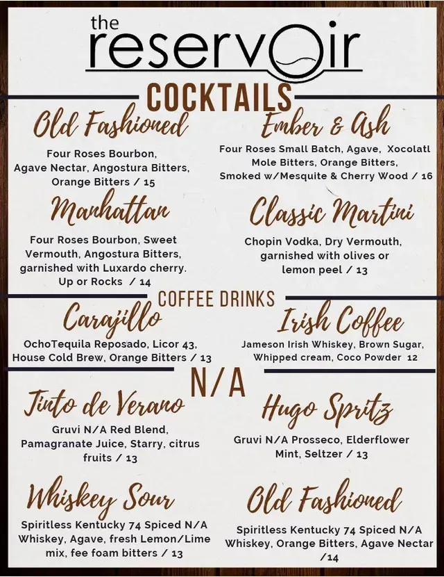 Cocktails menu from The Reservoir with handwritten drink names and ingredients on a cream background