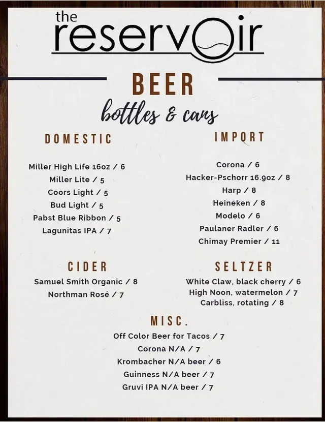 Beer and wine menu board for The Reservoir, listing domestic, import, cider, and seltzer drinks.