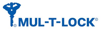 Logo of Mul-T-Lock. Blue key with weight lifter figure at the top, and blue text.