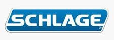 Schlage logo in white font on a blue rectangle with rounded edges.