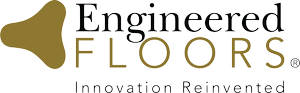 Logo for Engineered Floors, with a gold abstract shape and text Engineered FLOORS. and Innovation Reinvented.