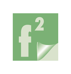 Green square with peeling corner, displaying a light green f with superscript 2.