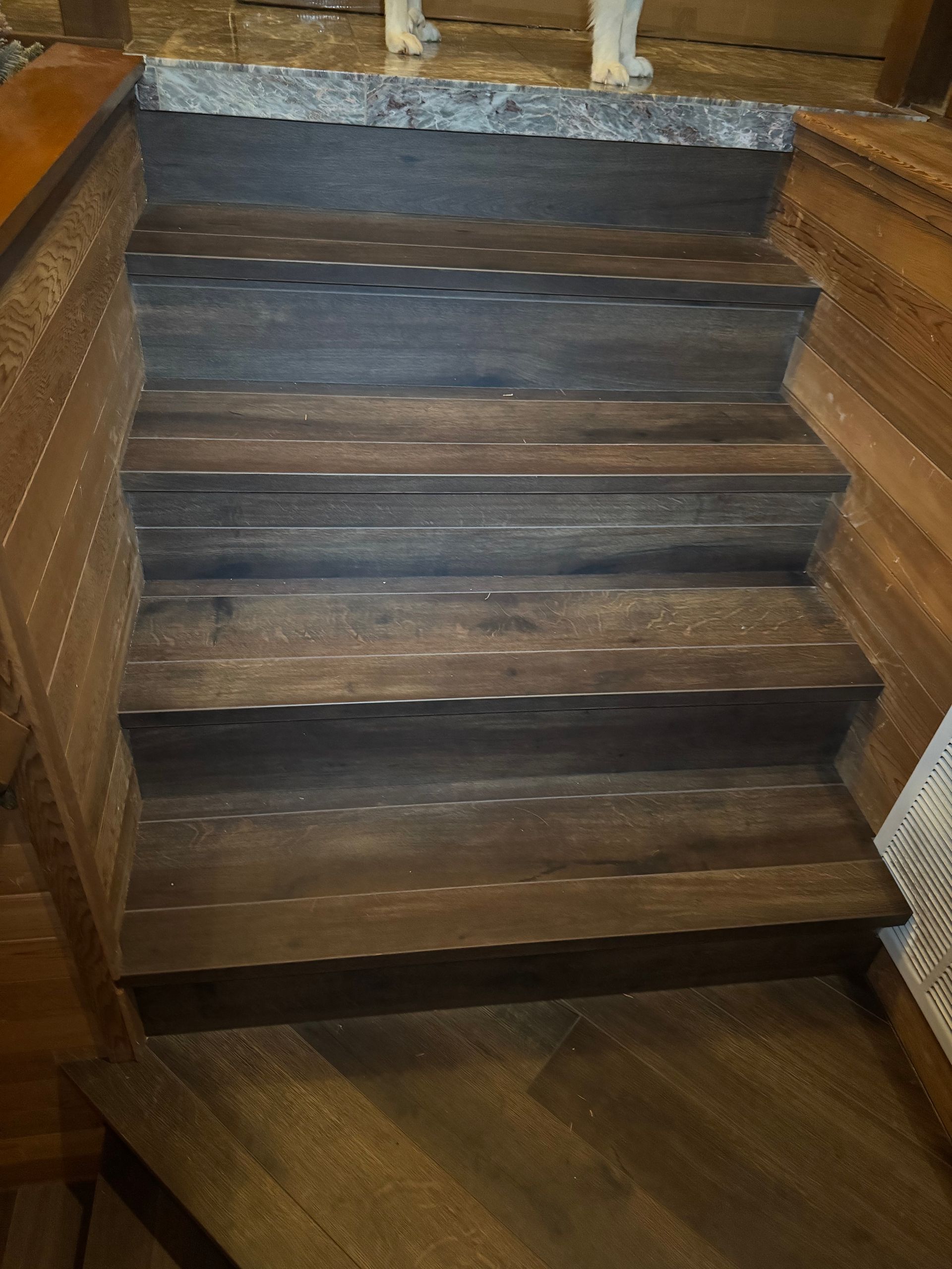 Wooden staircase with dark brown treads. Stone landing at top, dog's legs visible.