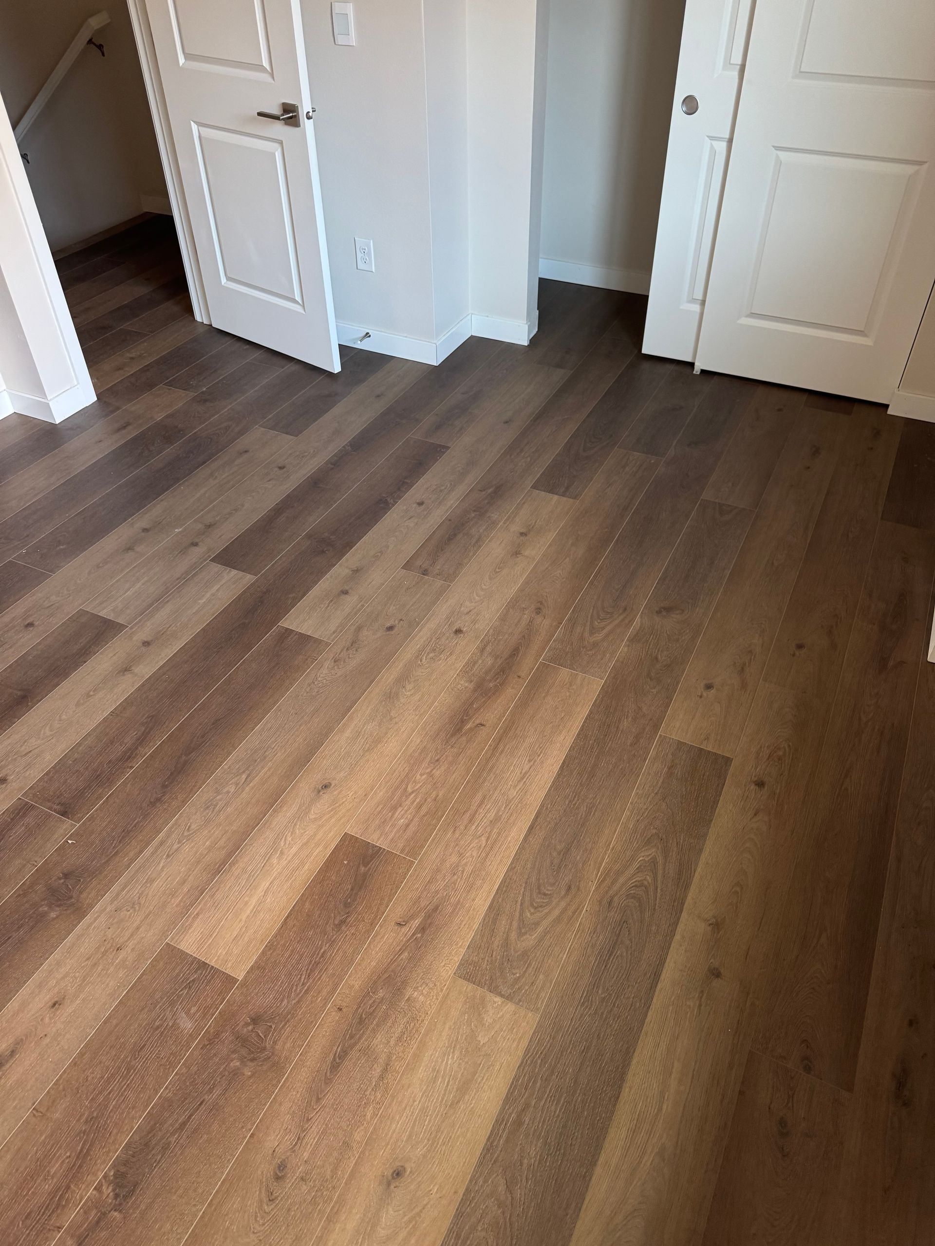Room interior with brown wood-look flooring and white doors and trim.