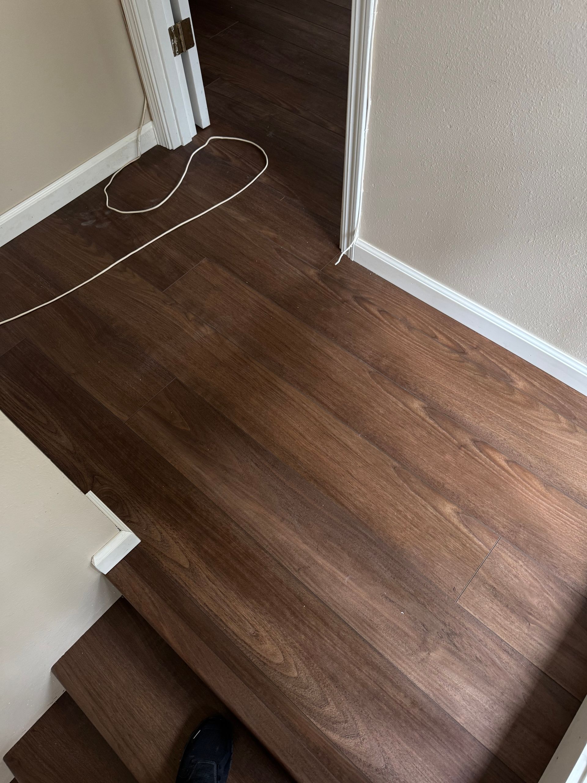 Dark wood flooring, hallway with stairs, doorway. White trim, carpeted room.