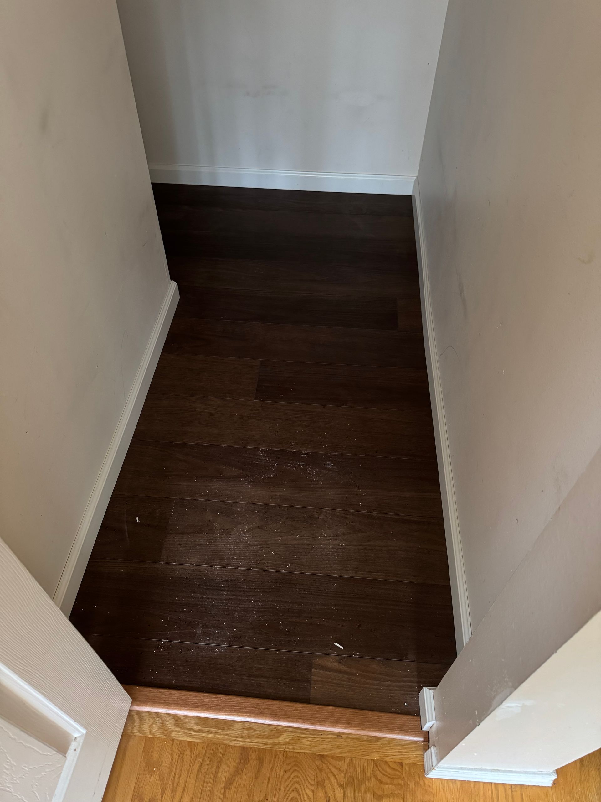 Narrow hallway with dark wood flooring, white walls, and a light-colored door frame.