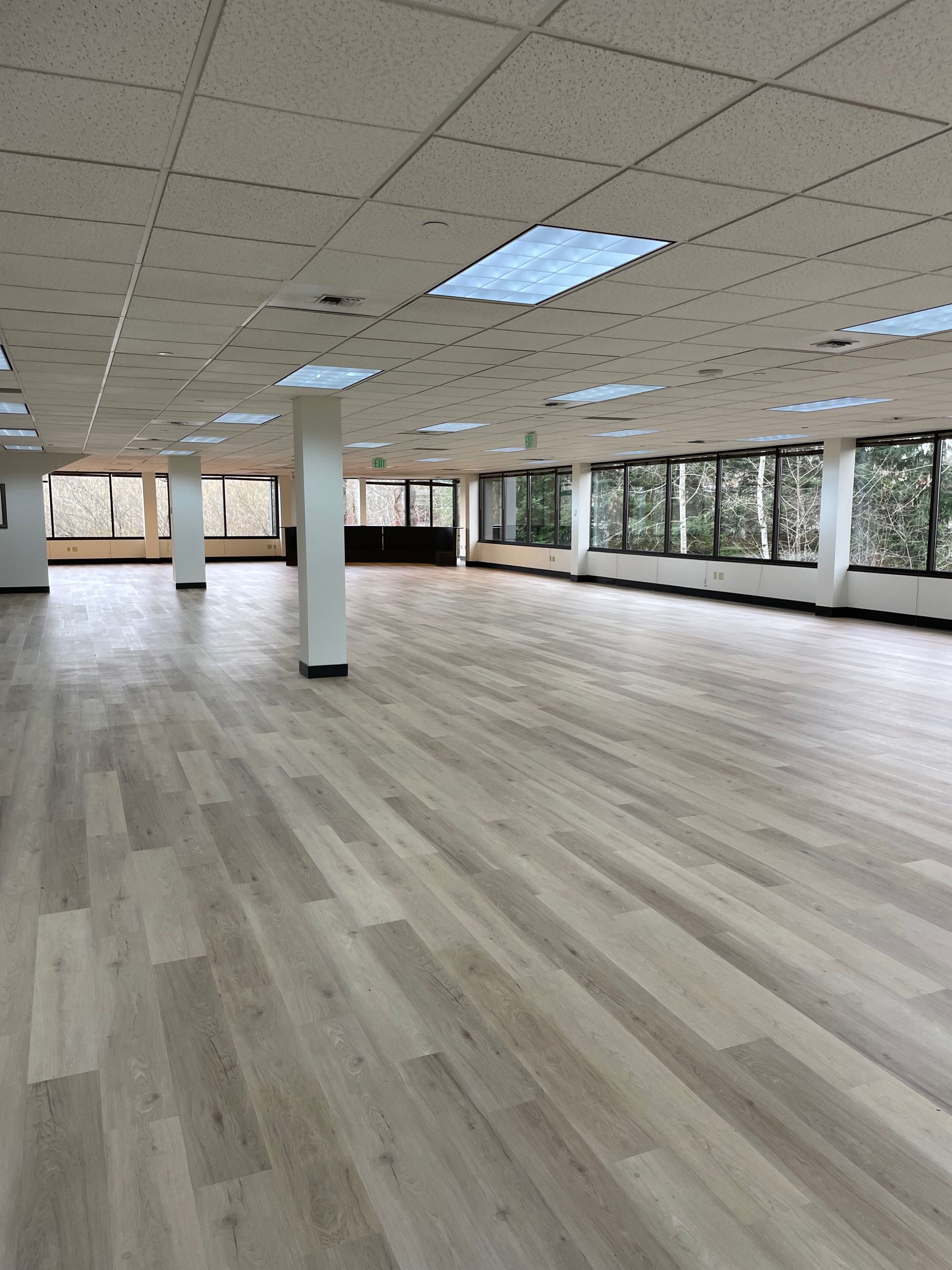 Empty, open office space with light-colored flooring, white columns, and large windows.