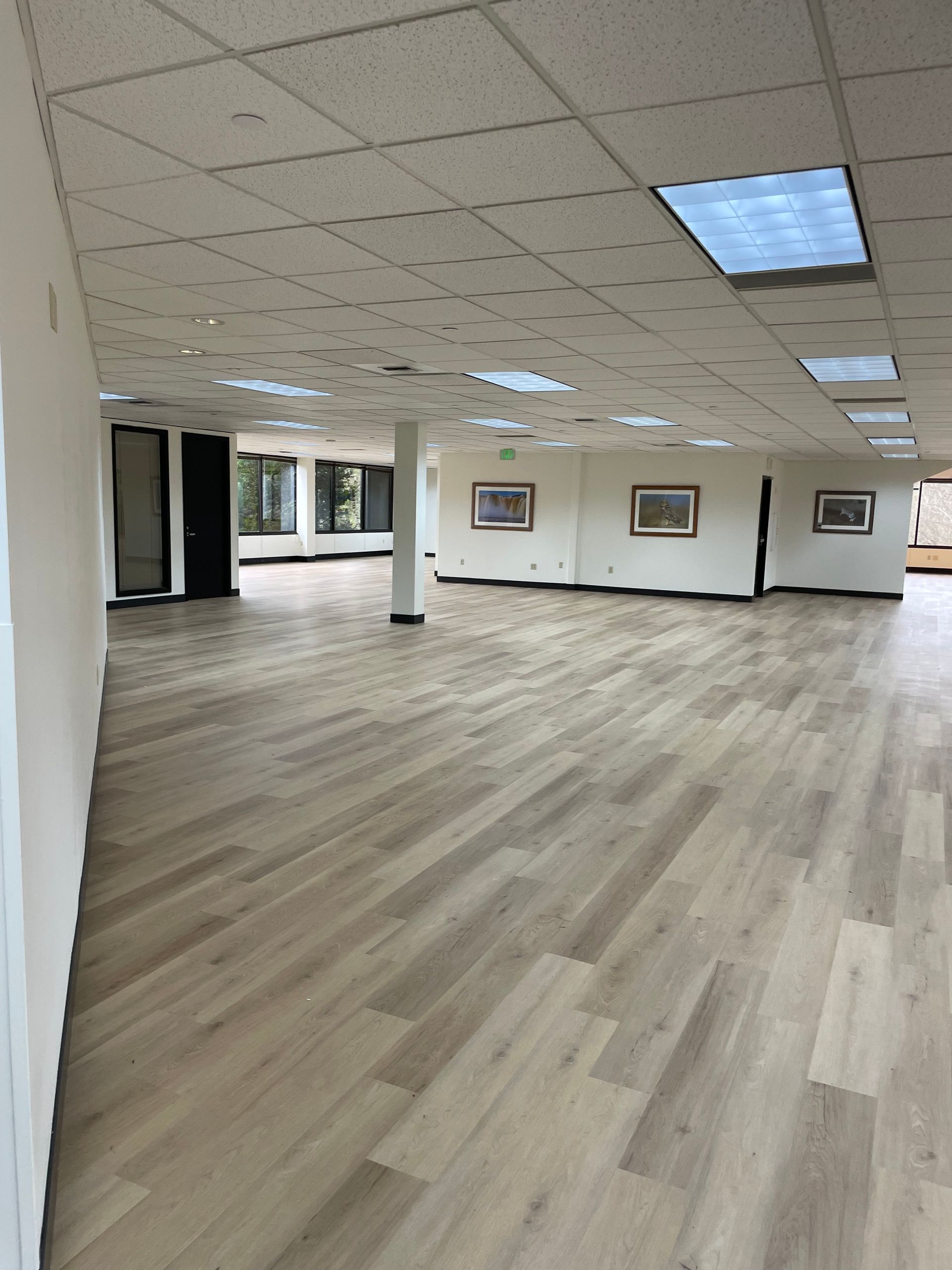Empty office space with wood-look flooring, white walls, drop ceiling, and artwork.