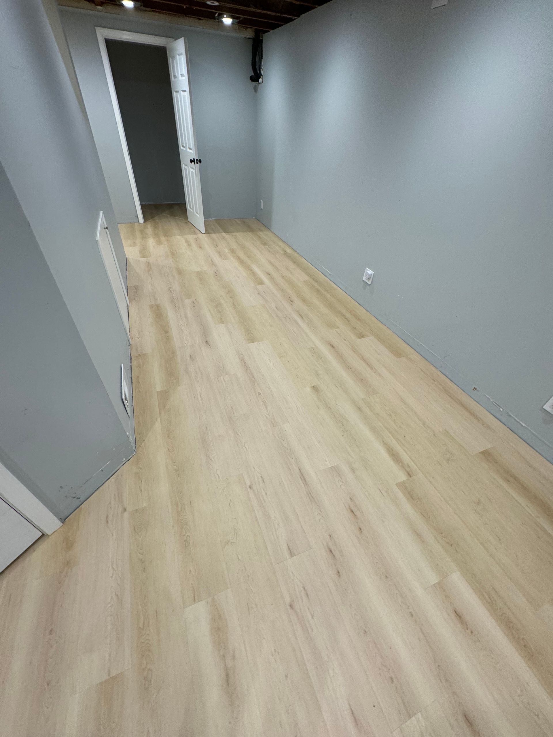 Empty room with light wood-look flooring and gray walls; open doorway.