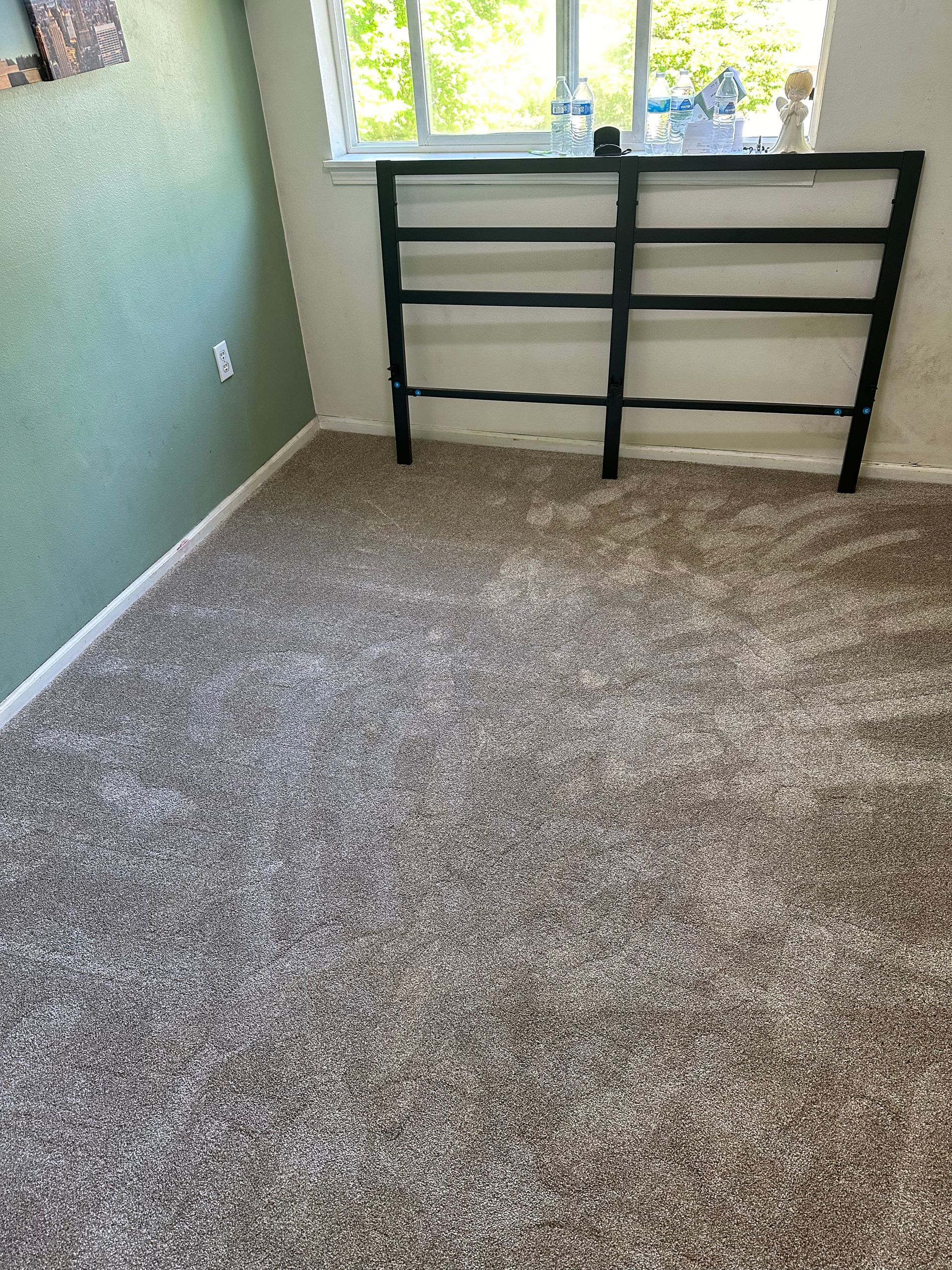 Empty room with new brown speckled carpet and a black metal headboard. Green wall, window in background.