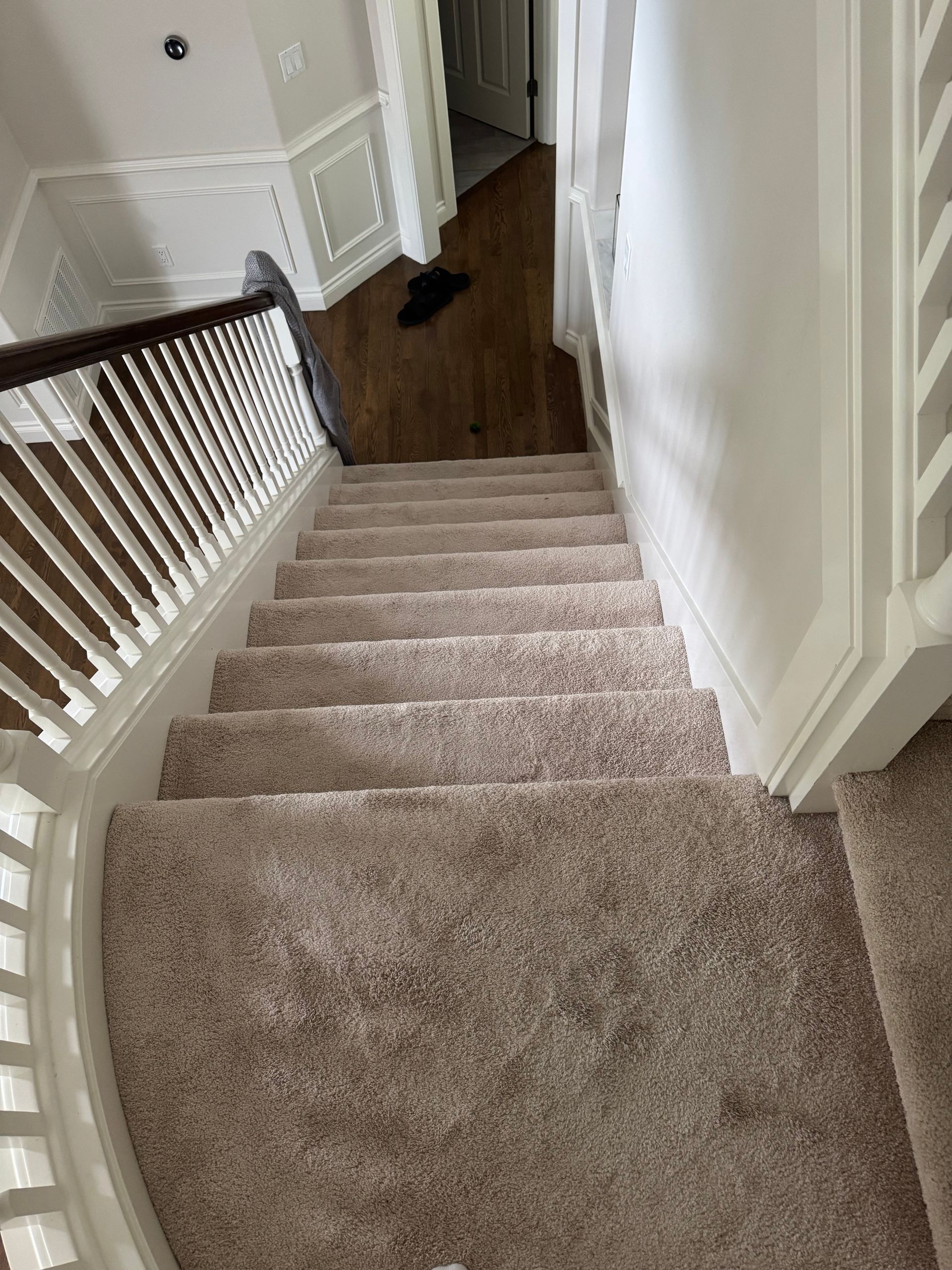 Staircase with beige carpet and white railing, leading downward.