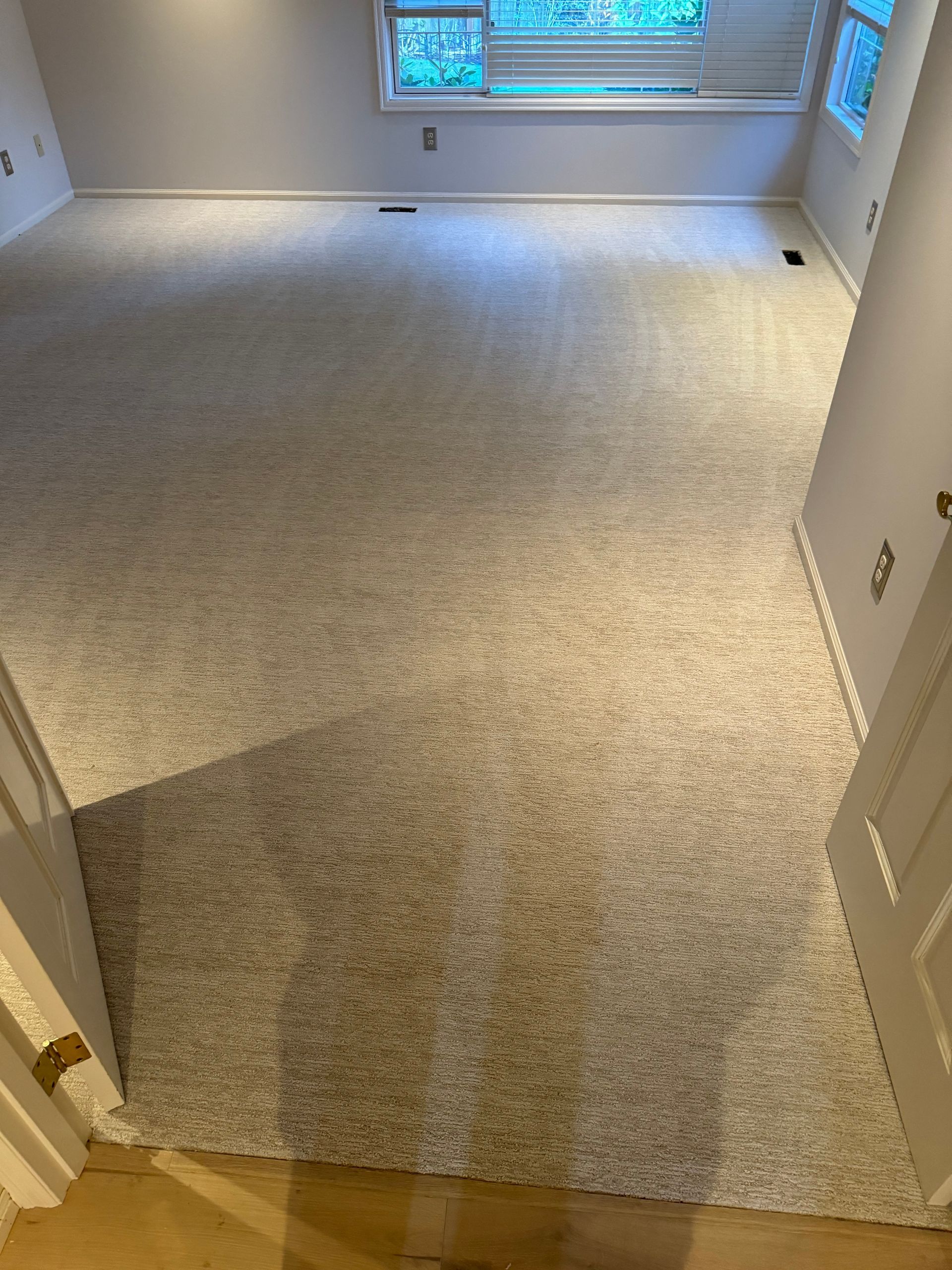 A room with light-colored carpet, a window, and an open doorway.