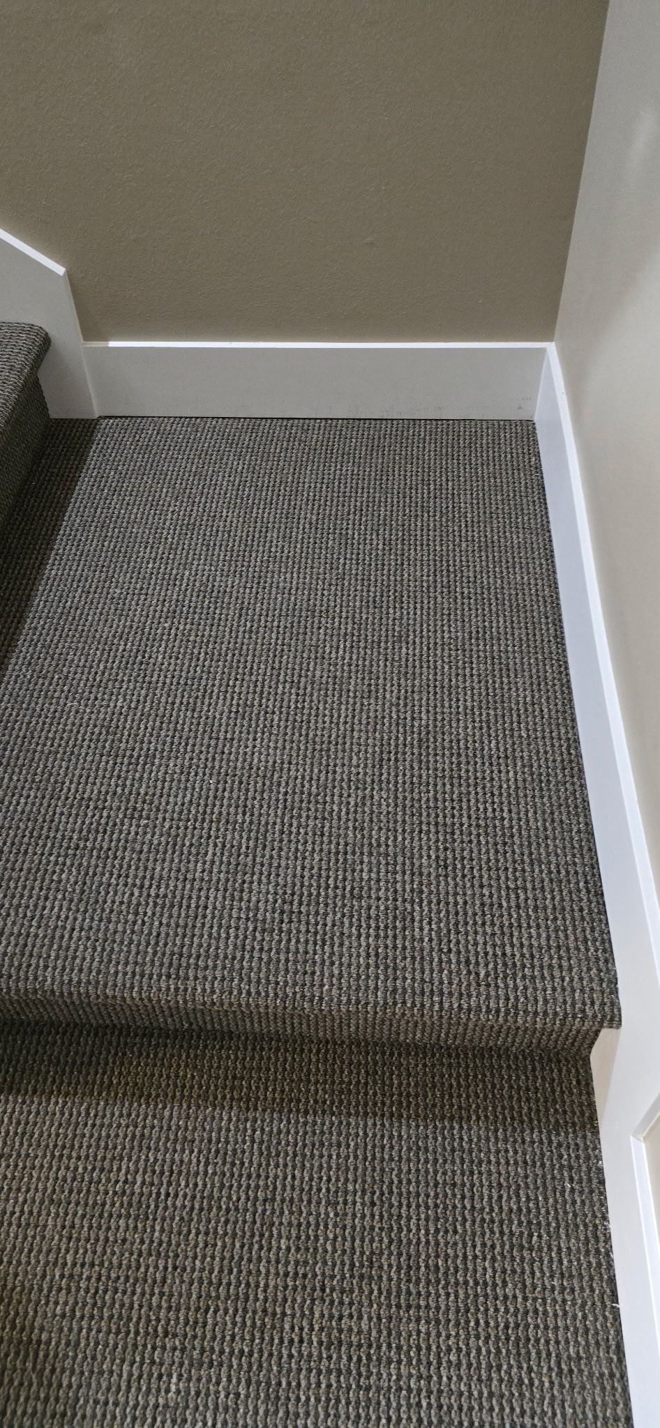 Staircase with gray patterned carpet, white trim, and beige walls.