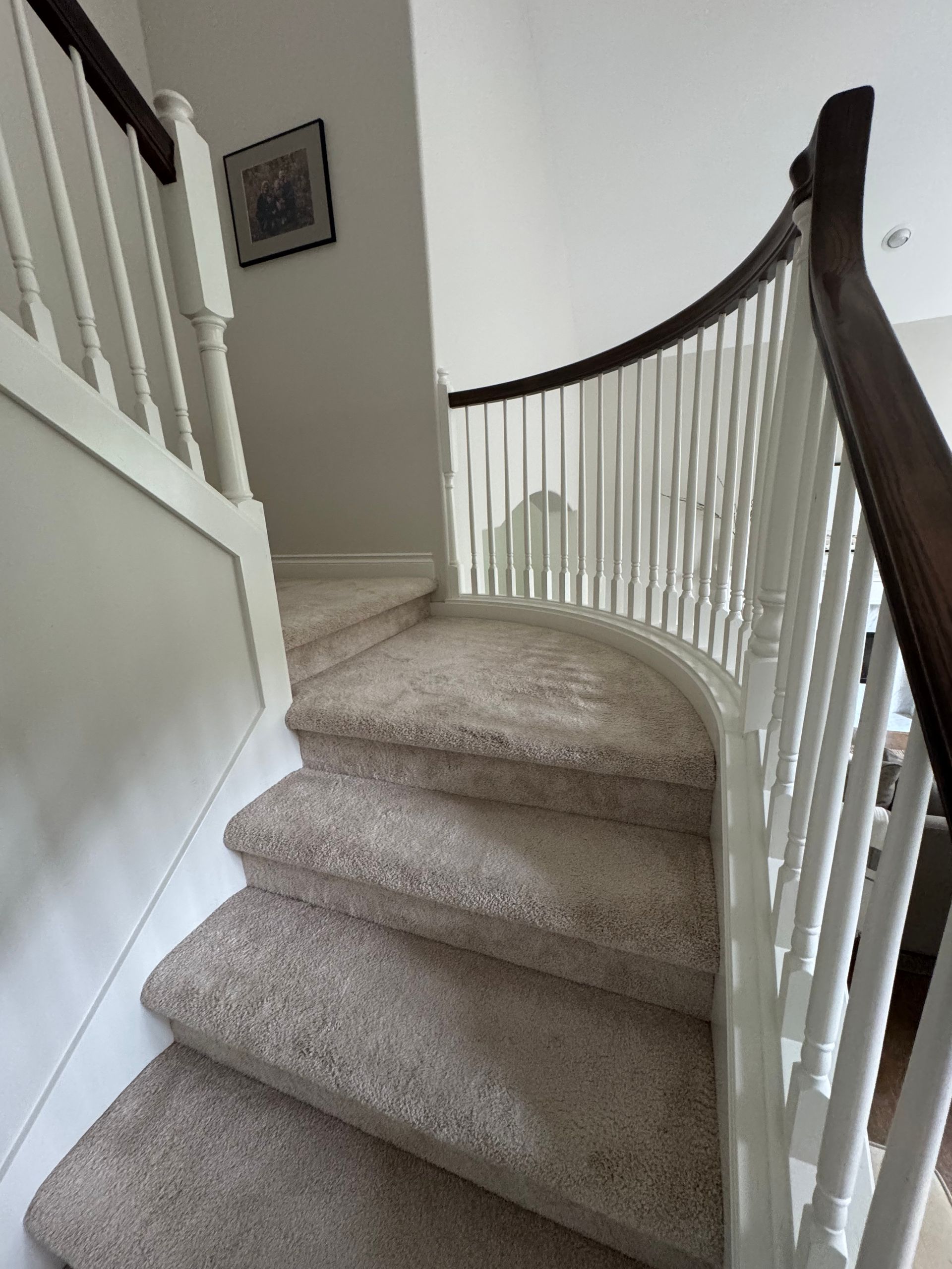 Staircase with carpeted steps and white railing curving to the right, dark brown handrail.