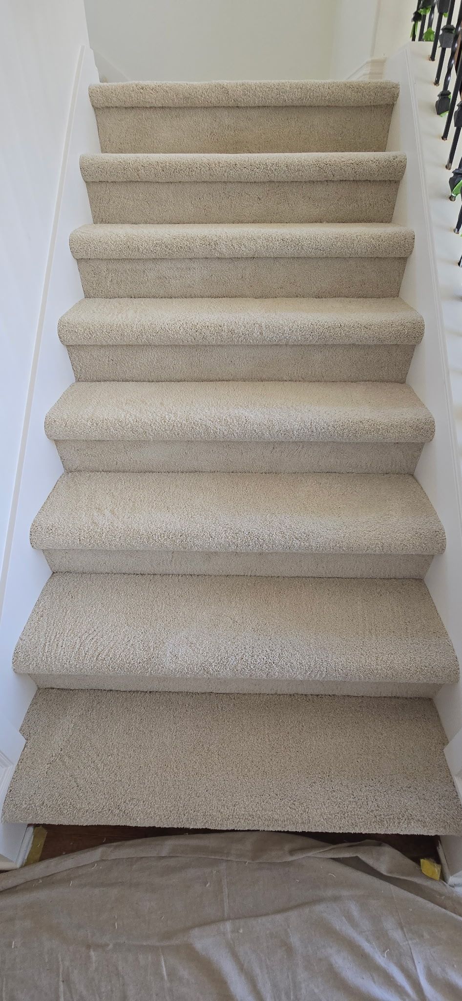 Staircase with beige carpet. The stairs lead upwards. The setting is indoors.