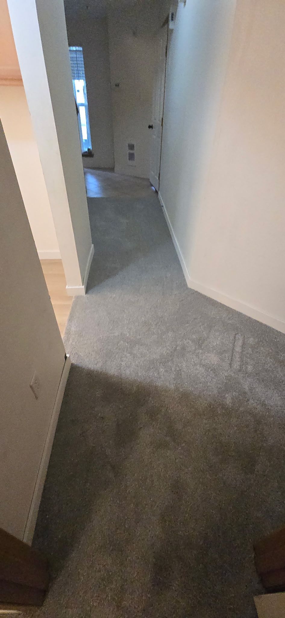 Narrow hallway with gray carpet and white walls. Doorway to the left with wooden trim.