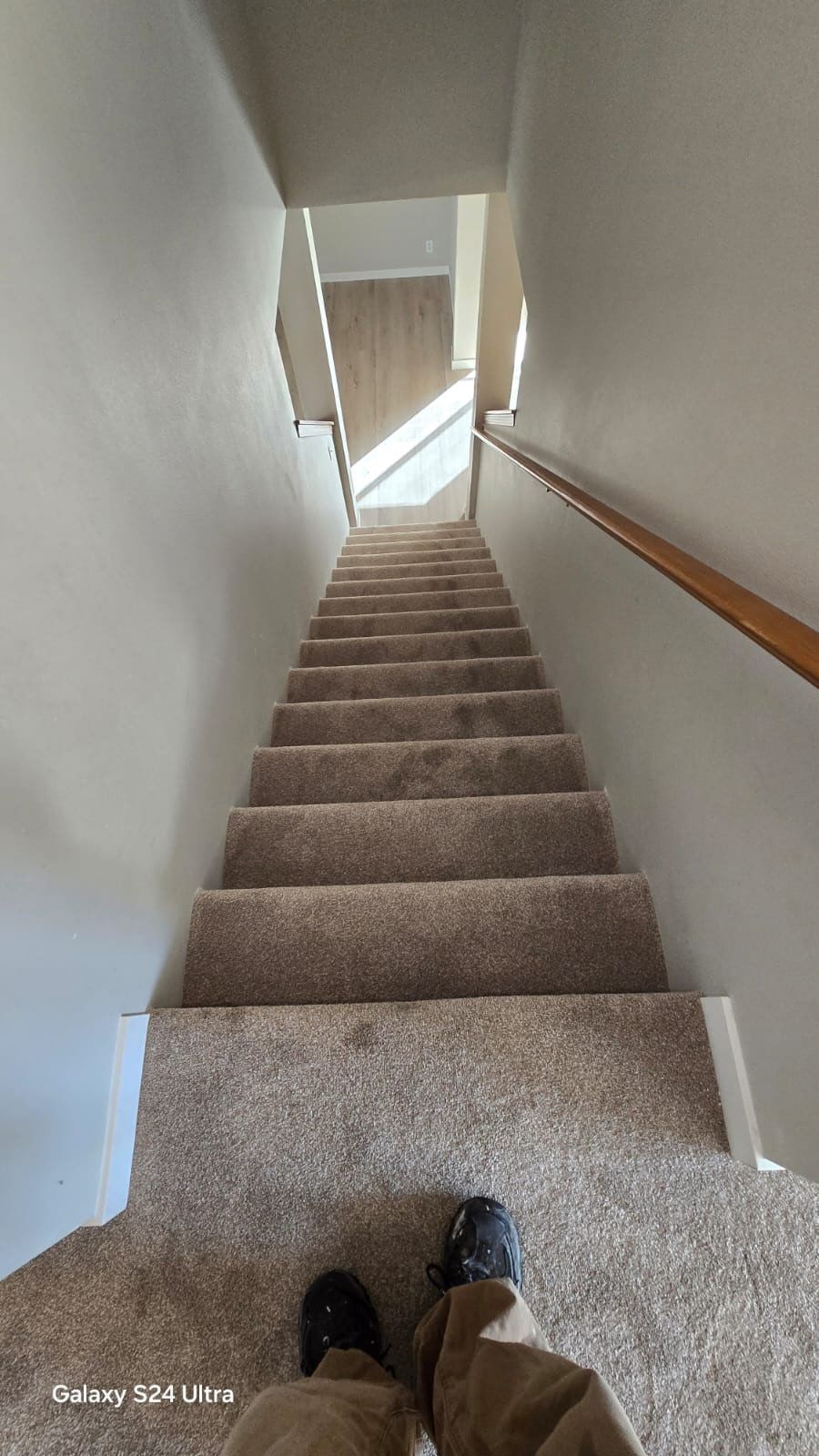 Staircase with carpet steps and a wooden handrail. Person's feet visible at the bottom.
